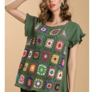 Umgee Linen Blend Top with Colorful Granny Square Front NWT-XL